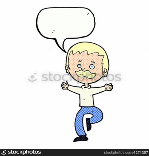 cartoon dancing man with mustache with speech bubble