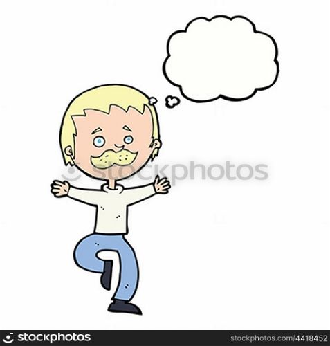 cartoon dancing man with mustache with thought bubble