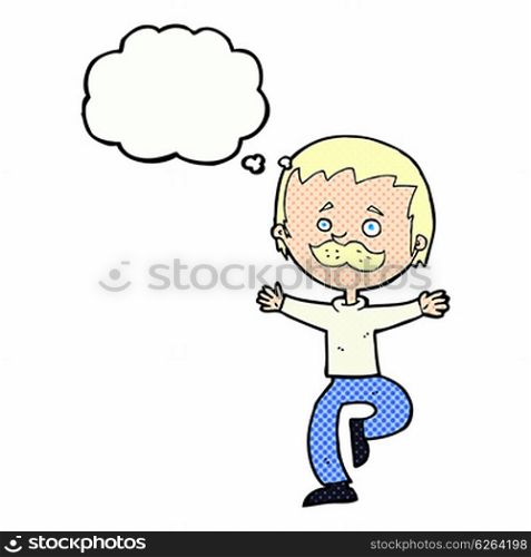 cartoon dancing man with mustache with thought bubble