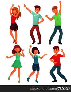 Cartoon dancing people. Happy dance of excited teenager, young free women fun active men character group at funny friendly holiday vacation party. Celebrating dances icon colorful isolated vector set. Cartoon dancing people. Happy dance of excited teenager, young women men character at party. Celebrating dances vector set