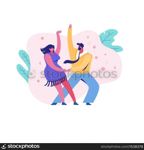 Cartoon dancing people man and woman outdoors. The caricature character of the couple is actively dancing. A cute couple of people move to the music.. Cartoon dancing people man and woman outdoors.
