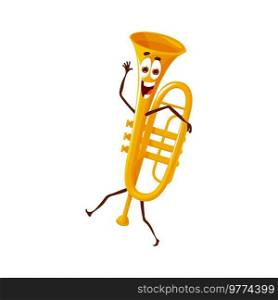 Cartoon dancing trumpet character. Isolated vector horn, funny trumpet with happy face, wind instrument personage. Brass pipe for music school. Cartoon dancing trumpet character, vector horn