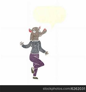 cartoon dancing werewolf woman with speech bubble