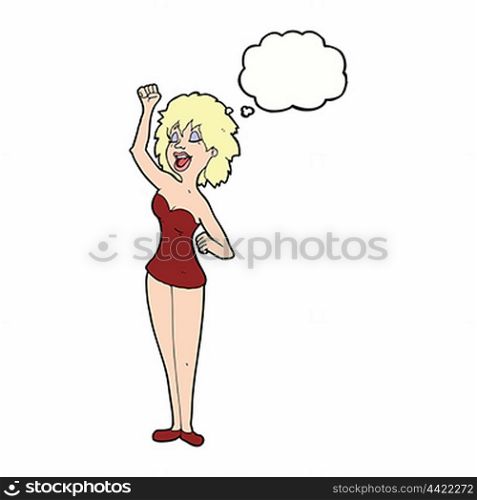cartoon dancing woman with thought bubble