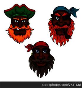 Cartoon dark skinned bearded pirates captain and sailors with eye patch, smoking pipe, earrings, bandannas and hat. Children book, piracy or adventure themes usage. Cartoon pirate captain and sailors heads