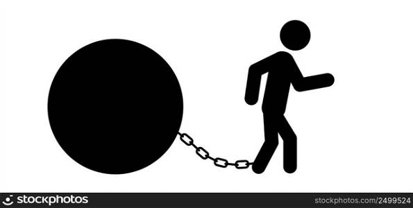Cartoon deadline or slave iron. Stickman, people walks with a weight chained to his foot. Prisoner with ball on chain icon. Stick figure man logo. Convict sign. Shackle symbol. Chain and ball concept