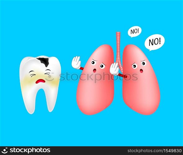 Cartoon decay tooth character with human stomach. Oral health is directly connected to digestive health. Vector Illustration design isolated on blue background.