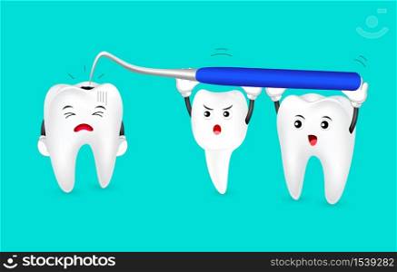 Cartoon decay tooth scared dental equipment. Dental care concept. Illustration isolated on green background.