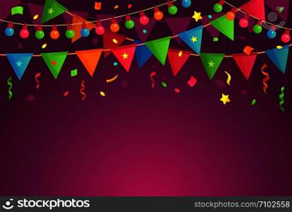 Cartoon decoration party. Celebrate birthday flags with confetti, festival background and fun event decorations. Kids party or fair origami garland banner vector illustration. Cartoon decoration party. Celebrate birthday flags with confetti, festival background and fun event decorations vector illustration