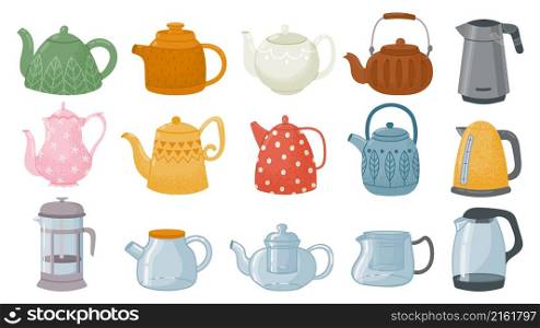 Cartoon decorative glass and ceramic teapots, kettles design. Vintage, modern and japan dishware for tea. Kitchen or cafe teapot vector set. Isolated appliance for boiling or heating water. Cartoon decorative glass and ceramic teapots, kettles design. Vintage, modern and japan dishware for tea. Kitchen or cafe teapot vector set