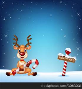 Cartoon deer holding Christmas candy with winter background