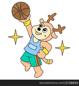 cartoon deer playing basketball sport with happy laughing face