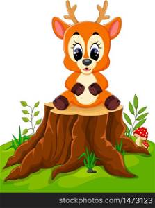 Cartoon deer posing on tree stump