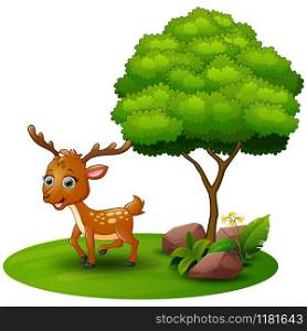 Cartoon deer under a tree on a white background