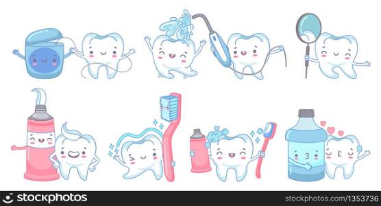 Cartoon dental care. Teeth cleaning with toothpaste and toothbrush. Dental water jet, floss and mouth rinse with tooth mascot vector illustration set. Rinse mouth, health teeth, paste and toothbrush. Cartoon dental care. Teeth cleaning with toothpaste and toothbrush. Dental water jet, floss and mouth rinse with tooth mascot vector illustration set