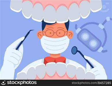 Cartoon dentist in mask examining open mouth of patient. Doctor with instruments looking at healthy white teeth at dental checkup flat vector illustration. Oral hygiene, dentistry concept for banner