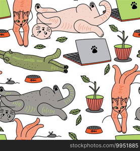 Cartoon design for textile, wallpaper, wrapping, web backgrounds and other pattern fills. Vector seamless pattern with lying playful cats