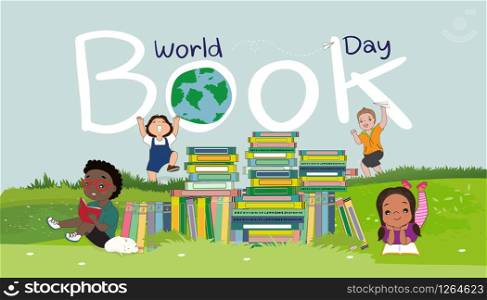 Cartoon design illustration, World book day. Stack of colorful books on grass filds with kids sitting and reading, Schoolchildren relaxing on Book week, Education vector