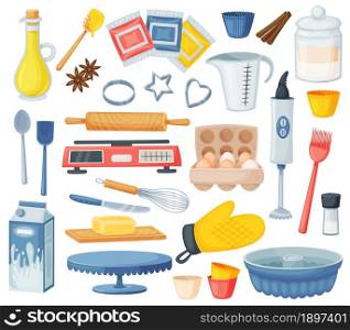 Cartoon dessert baking ingredients and kitchen utensils. Flour, eggs, oil, milk cooking ingredient, kitchenware and bakery supplies vector set. Isolated tools and food for bakery products. Cartoon dessert baking ingredients and kitchen utensils. Flour, eggs, oil, milk cooking ingredient, kitchenware and bakery supplies vector set