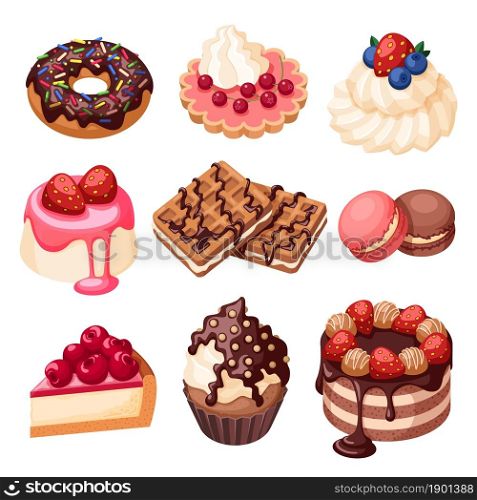 Cartoon dessert set. Cake desserts, candies and sweet cupcake. Fresh fruits and berry on cream bakery, macaroons food garish vector collection. Illustration cake with strawberry, birthday collection. Cartoon dessert set. Cake desserts, candies and sweet cupcake. Fresh fruits and berry on cream bakery, macaroons food garish vector collection