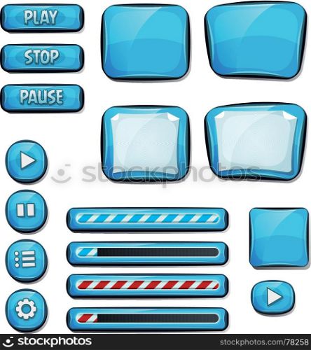 Cartoon Diamonds Elements For Ui Game. Illustration of a set of various cartoon design ui diamonds or gems glossy elements including banners, signs, buttons, load bar and app icon background for tablet pc