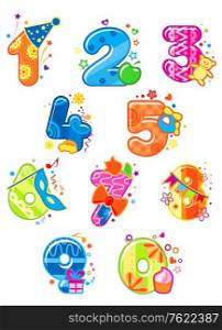 Cartoon digits and numbers with toys for childish mathematics design