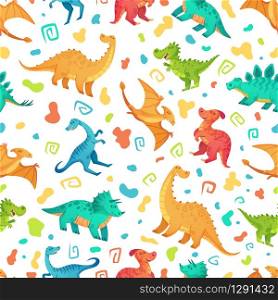 Cartoon dino seamless pattern. Cute triceratops, brontosaurus and tirex. Color dinosaurs vector illustration set. Seamless dinosaur and dino ancient, lizard raptor wildlife. Cartoon dino seamless pattern. Cute triceratops, brontosaurus and tirex. Color dinosaurs vector illustration set