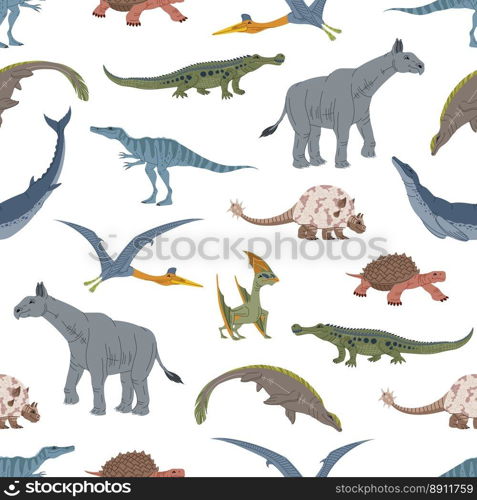 Cartoon dinosaur characters and dino animal personages seamless pattern. Vector background of dinosaur monsters. Tapejara, doedicurus and mosasaurus, basilosaurus and sarcosuchus, paleontology pattern. Cartoon dinosaur animal characters vector pattern