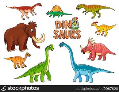 Cartoon dinosaur characters. Extinct animal, Jurassic era dinosaur cute vector personages or mascots of Archaeornithomimus, Dimetrodon, Velociraptor and Tarbosaurus, Mammoth, Styracosaurus and Mammoth. Cartoon dinosaur, prehistoric animal characters