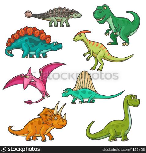 Cartoon dinosaur characters, funny dinos. Vector triceratops, tyrannosaurus, stegosaurus and brontosaurus, pterodactyl, parasaurolophus and spinosaurus, diplodocus and ankylosaurus. Colorful cartoon isolated dinosaur mascots
