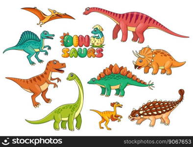 Cartoon dinosaur characters. Isolated vector spinosaurus, pteranodon, isanosaurus and triceratops, ceratosaurus, ankylosaurus or oviraptor, brontosaurus and stegosaurus funny colorful dino personages. Cartoon dinosaur characters isolated icons set