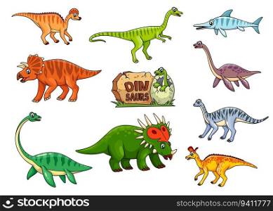 Cartoon dinosaur characters or Jurassic dino reptiles and lizards, vector kid toys. Cute dinosaur characters monsters and funny cheerful dino baby hatching from egg, arrhinoceraptors and ichthyosaurus. Cartoon dinosaur characters, Jurassic cute dino