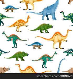 Cartoon dinosaur characters seamless pattern. Fabric print, wrapping paper vector pattern with Panoplosaurus, Titanosauria, Hypacrosaurus, Corythosaurus and Avaceratops, Lambeosaurus cute personages. Cartoon dinosaur characters seamless pattern