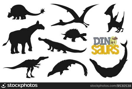 Cartoon dinosaur characters silhouettes. Vector prehistoric animals with cute baby dino in egg. Mosasaurus, basilosaurus, tapejara and sarcosuchus repti≤, basilosaurus and carbo≠mys dinosaurus. Cartoon dinosaur characters silhouettes