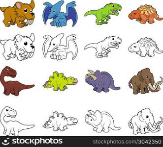 Cartoon Dinosaur Illustrations. A set of cartoon prehistoric animal and dinosaur illustrations. Color and black an white outline versions.. Cartoon Dinosaur Illustrations