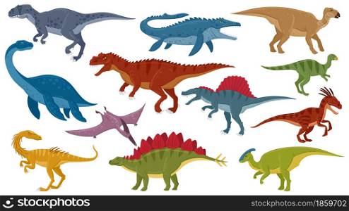 Cartoon dinosaurs, jurassic extinct dino raptors, predators herbivores. Jurassic dinosaurs reptile, tyrannosaurus, stegosaurus, pterodactyl vector illustration set. Raptor and reptile, dino jurassic. Cartoon dinosaurs, jurassic extinct dino raptors, predators and herbivores. Jurassic dinosaurs reptile, tyrannosaurus, stegosaurus, pterodactyl vector illustration set