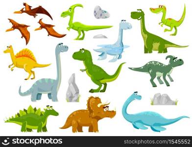 Cartoon dinosaurs, vector dragons, cute and funny baby dino characters. Isolated fantasy colorful prehistoric happy Jurassic period wild animals tyrannosaurus rex, stegosaurus, pterodactyl figures set. Cartoon dinosaurs, vector dragons, baby dino set