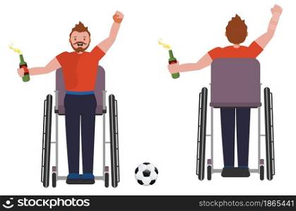 Cartoon disabled man in red shirt in wheelchair, soccer or football fan illustration.