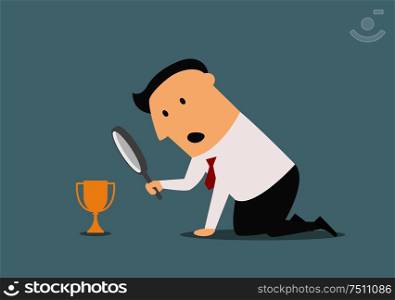 Cartoon disappointment businessman looking at little golden trophy cup through magnifying glass. Competition business concept. Businessman looking at trophy through magnifier
