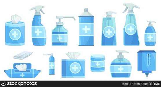 Cartoon disinfectants. Disinfection alcohol spray, antiseptic sanitizer dispenser and liquid disinfectant soap. Virus protection vector illustration set. Spray antibacterial to prevention and hygiene. Cartoon disinfectants. Disinfection alcohol spray, antiseptic sanitizer dispenser and liquid disinfectant soap. Virus protection vector illustration set