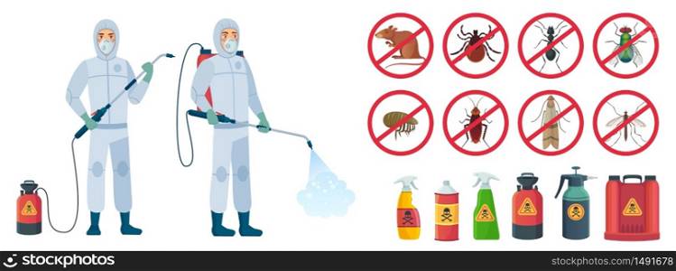 Cartoon disinfector. Disinfectors characters in protective suits with poison spray bottle. Get rid of rats and insects vector illustration set. Pest control, insect, chemical poison equipment. Cartoon disinfector. Disinfectors characters in protective suits with poison spray bottle. Get rid of rats and insects vector illustration set