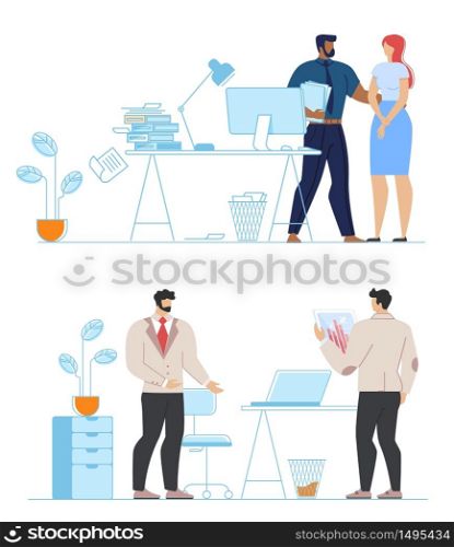 Cartoon Diverse Multiracial Office People Coworking Set. Boss Chief and Employee. Teambuilding. Work Together. Leadership, Partnership. Working Room Interior and Accessories. Vector Flat Illustration. Diverse Multiracial Office Team Coworking Set