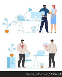 Cartoon Diverse Multiracial Office People Coworking Set. Boss Chief and Employee. Teambuilding. Work Together. Leadership, Partnership. Working Room Interior and Accessories. Vector Flat Illustration. Diverse Multiracial Office Team Coworking Set