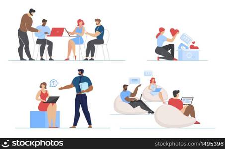 Cartoon Diverse Multiracial People Characters Blogging Flat Set. Social Media Marketing, Targeting and Ecommerce. Freelancers Bloggers Working on Laptop, Sharing Coworking Space. Vector Illustration. People Characters Blogging in Social Media Set