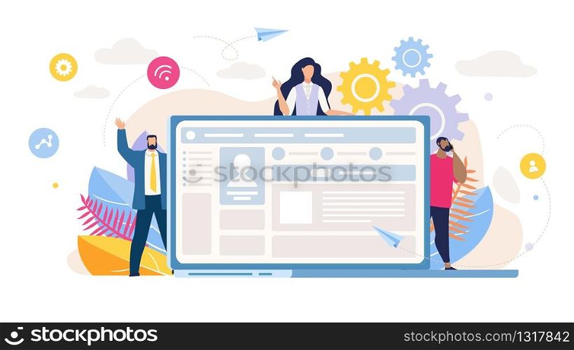 Cartoon Diverse Multiracial People Group Business, Office Staff and Customers Characters. Flat Big Computer Monitor with Opened Network Account. Social Media Digital Marketing. Vector Illustration. Cartoon People Characters and Big Computer Monitor