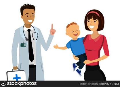 Cartoon doctor and mother with child,isolated on white background,vector illustration. Cartoon doctor and mother with child,
