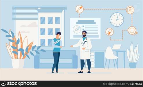 Cartoon Doctor in Uniform and Man Patient Suffering from Pain Talking in Hospital Office. Professional Consultation. Headache, Examination and Treatment Prescription. Vector Trendy Flat Illustration. Cartoon Doctor and Man Patient Suffering from Pain