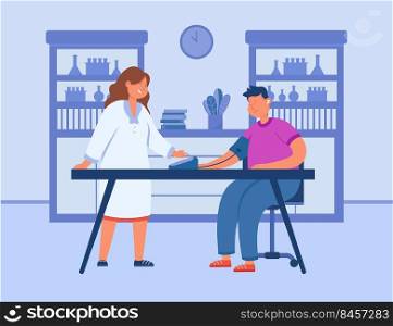 Cartoon doctor measuring blood pressure of patient at hospital. Physician and sick man sitting at table in medical office flat vector illustration. Cardiology clinic concept for banner, website design