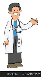 Cartoon doctor or veterinarian standing and showing, vector illustration. Colored and black outlines.