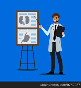 cartoon doctor with presentation stand, stock vector illustration.. cartoon doctor with presentation stand